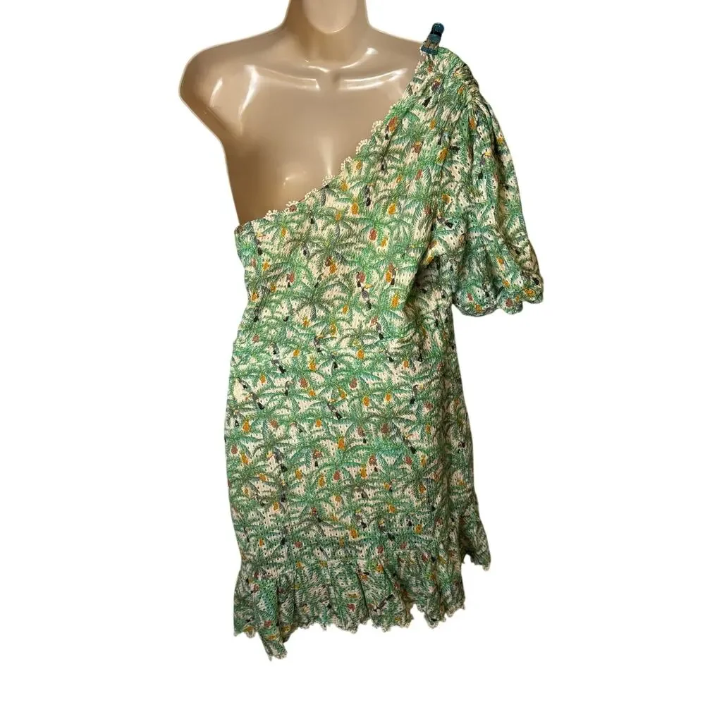 Farm Rio Mini Toucans One Shoulder Dress XL Tropical Resort Lined Ruffle Texture